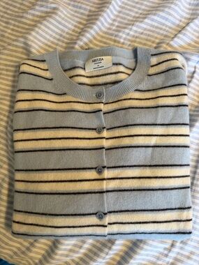 Aritzia Light Blue, Cream & Black Striped Button-Front Cardigan